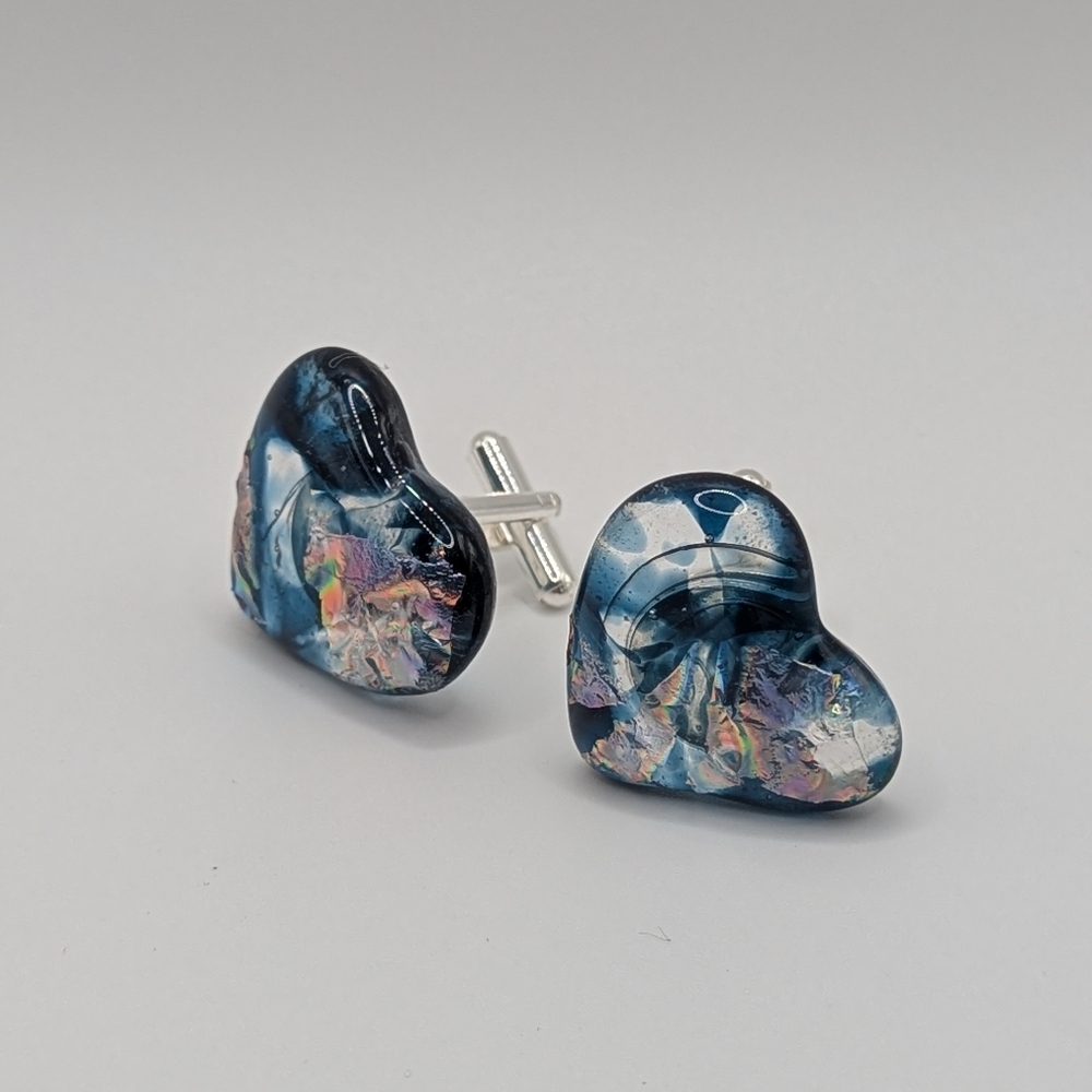 Handmade Heart fused glass cufflinks with dichroic glass accents